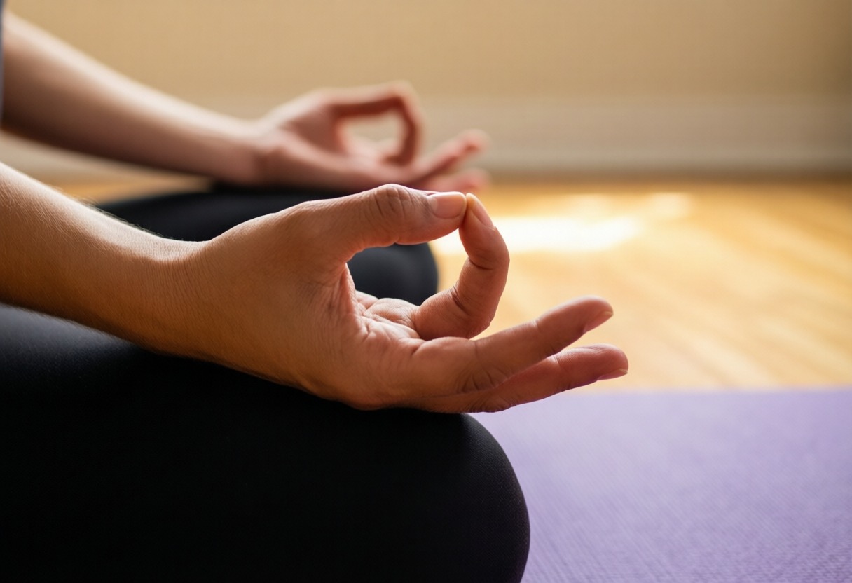 Ruky v mudre meditácie na jogamatke — detail